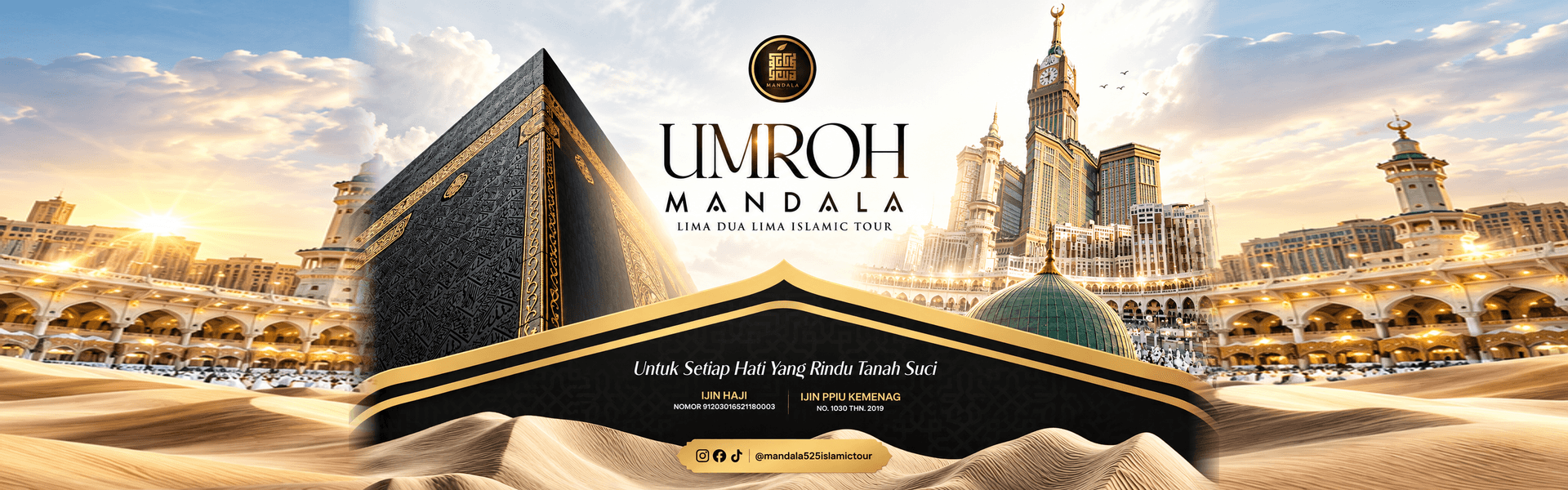 Identitas Umroh Mandala dengan gambar Ka'bah, Masjid Nabawi, dan menara Makkah